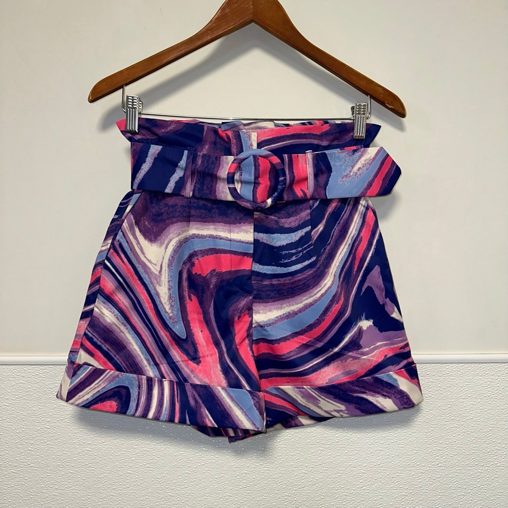 One N More Psychedelic Ruffle Paperbag Women's Shorts Pink Purple S Belted NWT - Picture 7 of 12